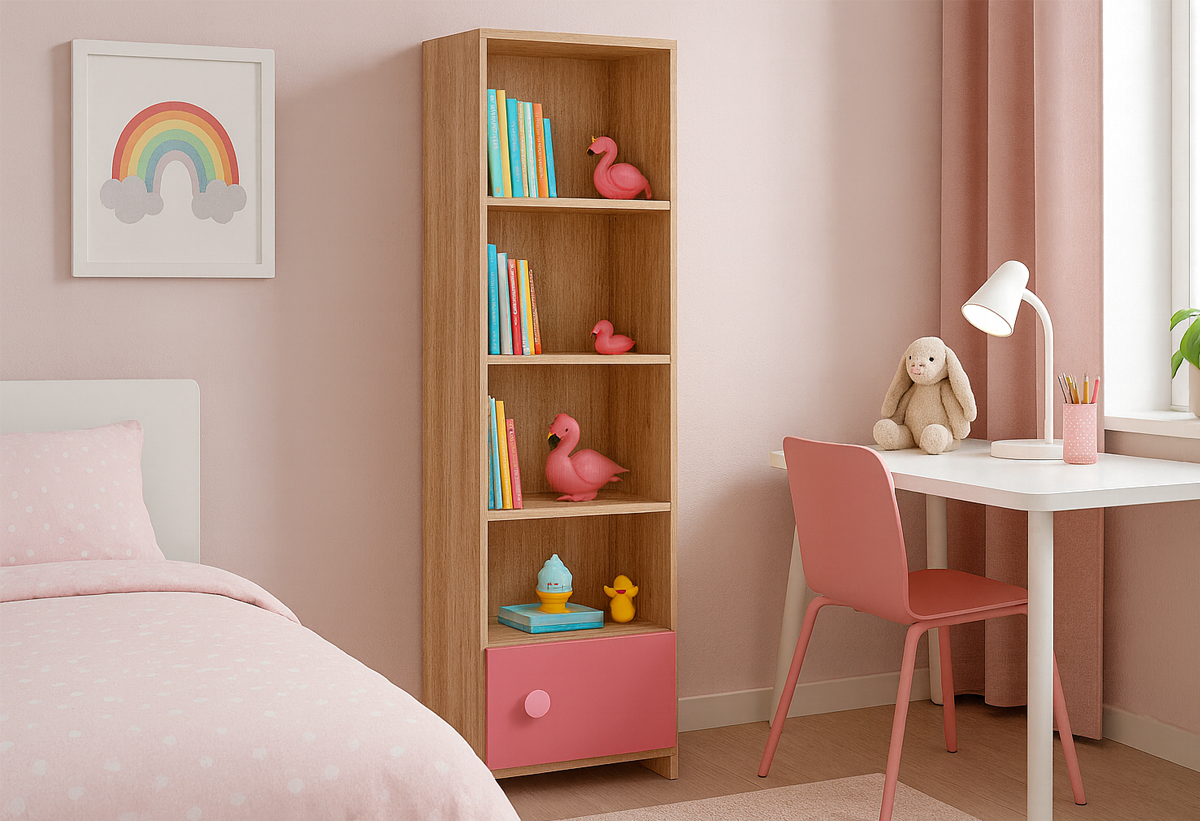 Απεικονίζεται η βιβλιοθήκη σε ένα παιδικό δωμάτιο.